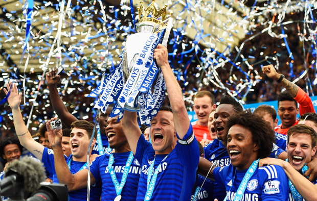 LONDON, ENGLAND - MAY 24: John Terry of Chelsea celebrates with the trophy after the Barclays Premier League match between Chelsea and Sunderland at Stamford Bridge on May 24, 2015 in London, England. Chelsea were crowned Premier League champions. (Photo by Mike Hewitt/Getty Images)