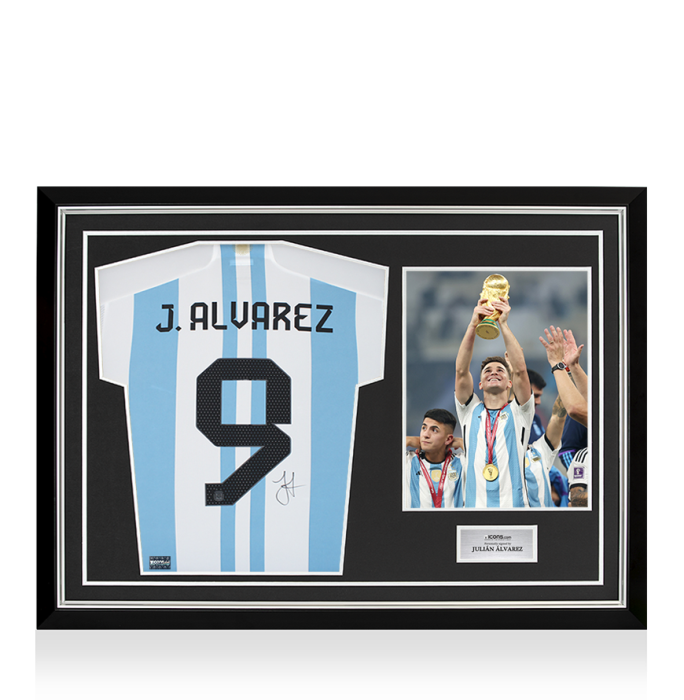 Julian Alvarez Back Signed Argentina 2022 Home Shirt In Hero Frame