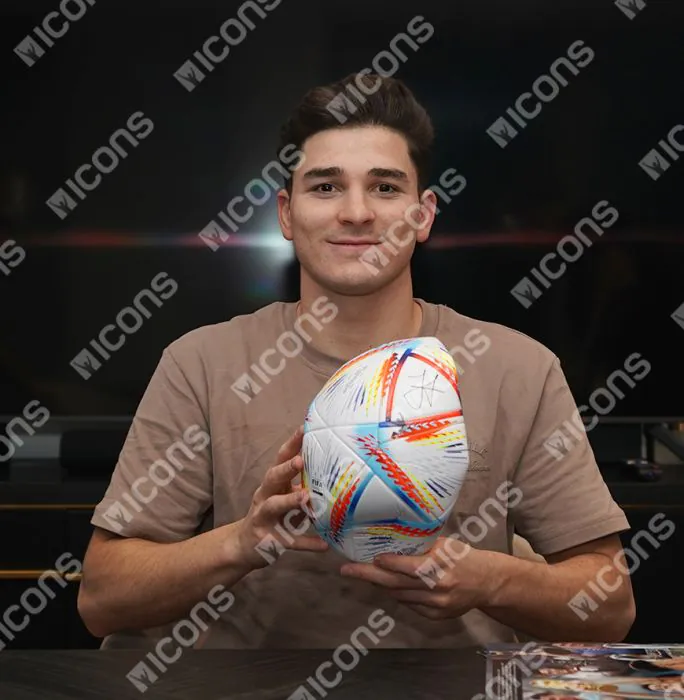 Julian Alvarez Signed 2022 FIFA World Cup Football In Acrylic Case