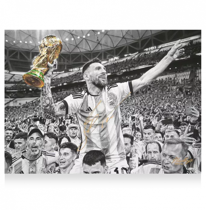 メッシ公式サイン入りトリビュートアートワーク:2022 FIFAワールドカップ Lionel Messi Official Signed Tribute Artwork In Black Wooden