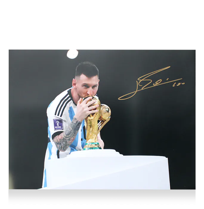 Lionel Messi Signed Argentina Photo In Black Wooden Frame: 2022