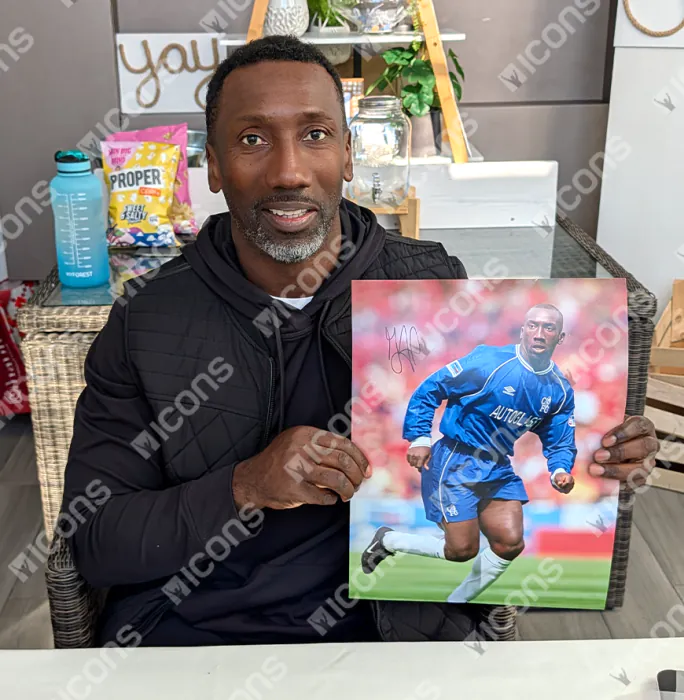 Jimmy Floyd Hasselbaink Signed Chelsea Photo In Black Wooden Frame