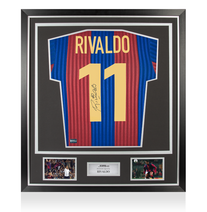 Rivaldo Back Signed Retro FC Barcelona Home Shirt With Fan Style