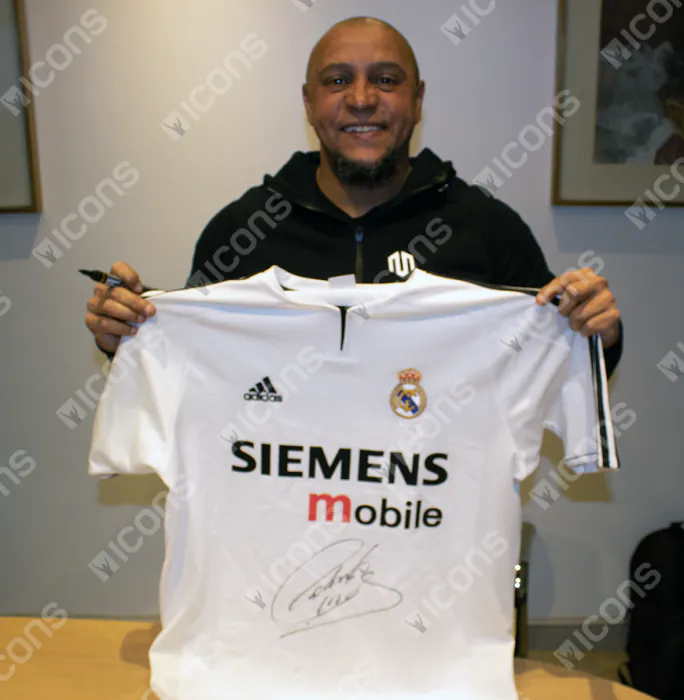 Roberto Carlos Front Signed Real Madrid 2003-04 Home Shirt In Hero
