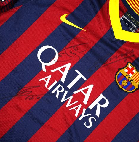 Lionel Messi Official FC Barcelona & Xavi Triple Signed and Framed 2013-14 Home Shirt