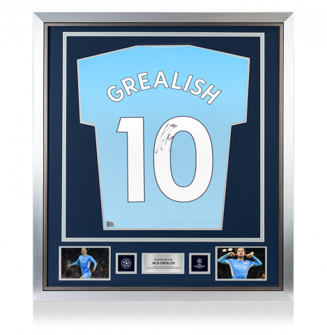 Jack Grealish Official UEFA Champions League Back Signed and Framed Manchester City 2021-22 Home Shirt