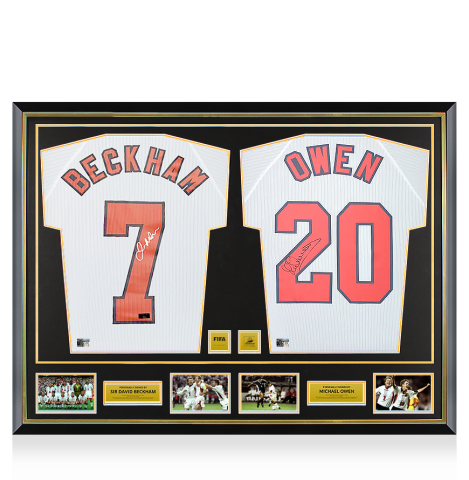 Sir David Beckham & Michael Owen Official 1998 FIFA World Cup™ Signed and Dual Framed England Home Shirts