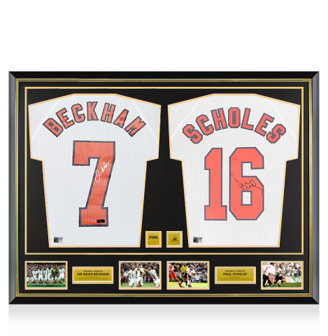 Sir David Beckham & Paul Scholes Official 1998 FIFA World Cup™ Signed and Dual Framed England Home Shirts