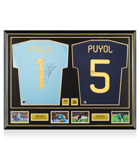 Iker Casillas & Carles Puyol Official 2010 FIFA World Cup™ Signed and Dual Framed Spain Home Shirts