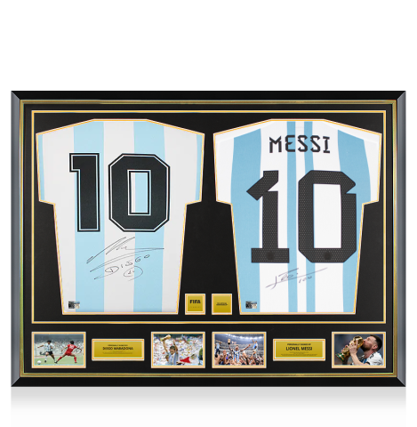 Diego Maradona & Lionel Messi Official FIFA World Cup™ Signed and Dual Framed Argentina Home Shirts Diego Maradona & Lionel Messi Official FIFA World Cup™ Signed and Dual Framed Argentina Home Shirts