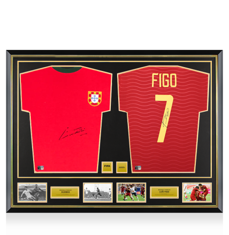Eusebio & Luis Figo Official FIFA World Cup™ Signed and Dual Framed Portugal Home Shirts