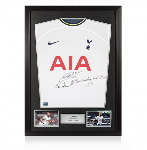 Harry Kane Front Signed and Framed Tottenham Hotspur 2022-23 Home Shirt: "All Time Leading Goalscorer" Edition Harry Kane Front Signed and Framed Tottenham Hotspur 2022-23 Home Shirt: "All Time Leading Goalscorer" Edition