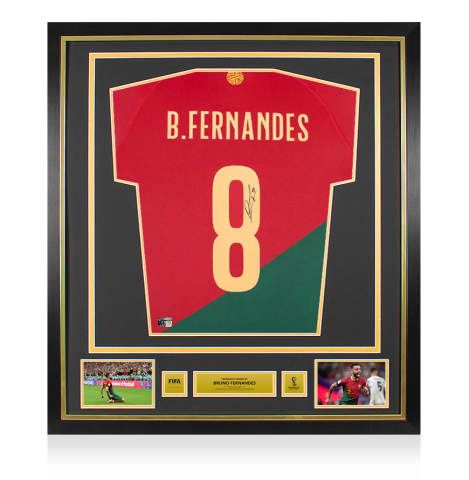 Bruno Fernandes Official 2022 FIFA World Cup™ Back Signed and Framed Portugal 2022-23 Home Shirt With Fan Style Numbers - Silver Bundle Bruno Fernandes Official 2022 FIFA World Cup™ Back Signed and Framed Portugal 2022-23 Home Shirt With Fan Style Numbers - Silver Bundle