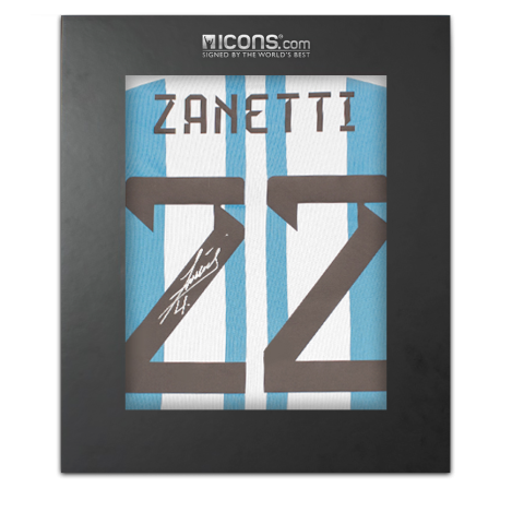Javier Zanetti Back Autographed Modern Argentina 2022-23 Home Jersey With Fan Style Numbers In Deluxe Packaging