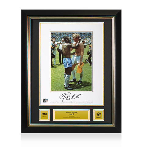 Pele Official 1970 FIFA World Cup™ Signed and Framed Brazil Photo: Swapping Shirts With Bobby Moore