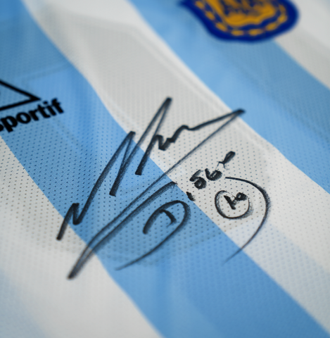 Diego Maradona Front Signed Retro Le Coq Sportif Argentina Home and Original Artwork Shirt In Hero Frame: Limited Edition 1/1