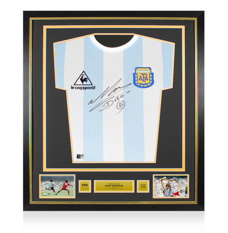 Diego Maradona Official 1986 FIFA World Cup™ Front Signed and Framed Retro Le Coq Sportif Argentina Home Shirt