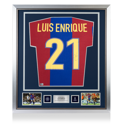 Luis Enrique Official UEFA Champions League Back Signed and Framed FC Barcelona Retro Home Shirt with Fan Style Numbers Luis Enrique Official UEFA Champions League Back Signed and Framed FC Barcelona Retro Home Shirt with Fan Style Numbers