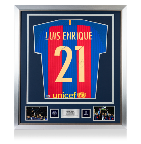 Luis Enrique Official UEFA Champions League Back Signed and Framed FC Barcelona 2016-17 Home Shirt with Fan Style Numbers Luis Enrique Official UEFA Champions League Back Signed and Framed FC Barcelona 2016-17 Home Shirt with Fan Style Numbers