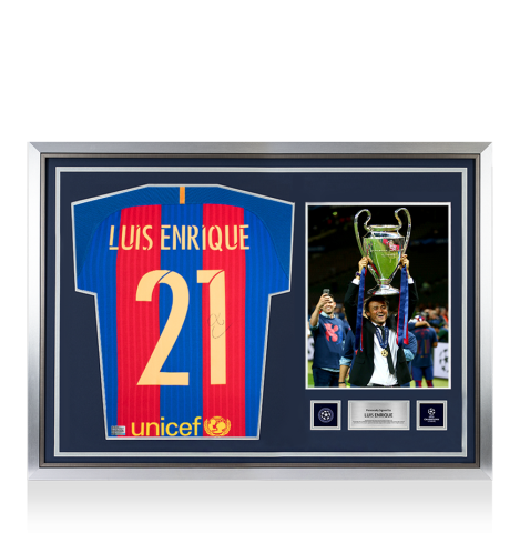 Luis Enrique Official UEFA Champions League Back Signed and Hero Framed FC Barcelona 2016-17 Home Shirt with Fan Style Numbers Luis Enrique Official UEFA Champions League Back Signed and Hero Framed FC Barcelona 2016-17 Home Shirt with Fan Style Numbers