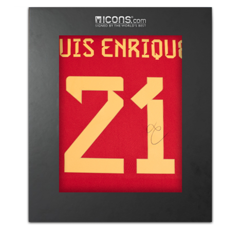 Luis Enrique Back Signed Modern Spain Home Shirt with Fan Style Numbers In Deluxe Packaging Luis Enrique Back Signed Modern Spain Home Shirt with Fan Style Numbers In Deluxe Packaging