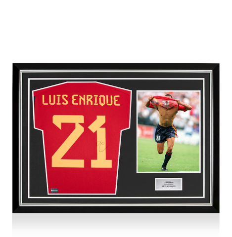 Luis Enrique Back Signed Modern Spain Home Shirt with Fan Style Numbers In Hero Frame: Option 1 Luis Enrique Back Signed Modern Spain Home Shirt with Fan Style Numbers In Hero Frame: Option 1