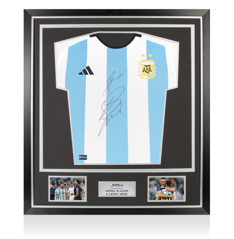 Lionel Messi & Lionel Scaloni Front Signed Argentina 2022-23 Home Shirt In Classic Frame Lionel Messi & Lionel Scaloni Front Signed Argentina 2022-23 Home Shirt In Classic Frame