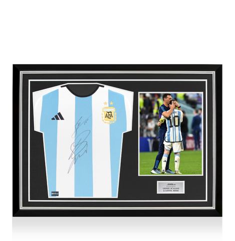 Lionel Messi & Lionel Scaloni Front Signed Argentina 2022-23 Home Shirt In Hero Frame: Option 1 Lionel Messi & Lionel Scaloni Front Signed Argentina 2022-23 Home Shirt In Hero Frame: Option 1