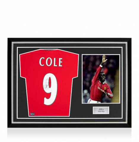 Andy Cole Back Signed Manchester United 1999 Home Shirt With Premier League Fan Style Numbers In Hero Frame: Option 1