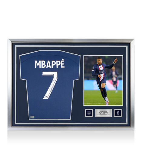 Kylian Mbappe Official UEFA Champions League Back Autographed and Hero Framed Paris Saint-Germain 2022-23 Home Jersey