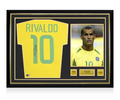 Rivaldo Official FIFA World Cup™ Back Signed and Hero Framed Brazil Retro Home Shirt