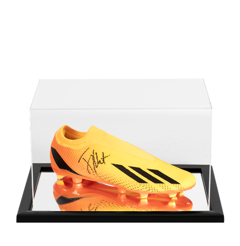 Jay-Jay Okocha Signed Orange Adidas Boot In Acrylic Case