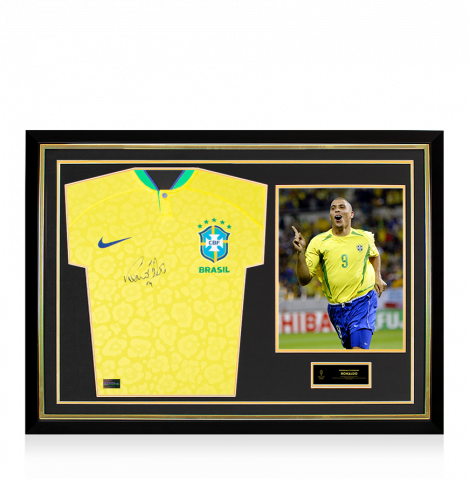Ronaldo Official Ballon d'Or™ Front Signed and Hero Framed Modern Brazil Home Shirt 