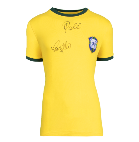 Ronaldo & Pele Autographed Retro Brazil Home Jersey In Deluxe Packaging