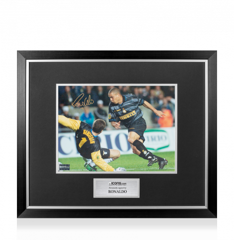 Ronaldo Signed Internazionale Photo In Premium Photo Frame: 1998 UEFA Cup Final Goal