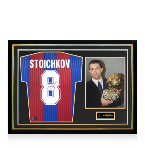 PRE-ORDER Hristo Stoichkov Official Ballon d'Or™ Back Signed and Hero Framed Signed FC Barcelona 1992 Home Jersey