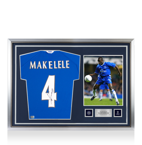Claude Makelele Official UEFA Champions League Signed and Hero Framed Retro Chelsea FC Shirt with Fan Style Numbers