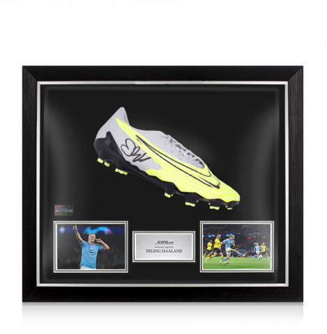 Erling Haaland Signed Grey and Yellow Nike Phantom Boot In Bubble Frame: Option 1