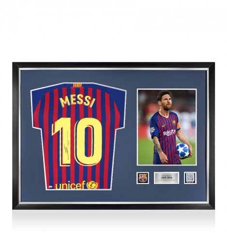 PRE-FRAMED Lionel Messi Official FC Barcelona Back Signed and Framed 2018-19 Home Shirt with Fan Style Numbers