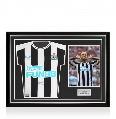 Bruno Guimarães Front Signed Newcastle United 2022-23 Home Shirt In Hero Frame: Option 1