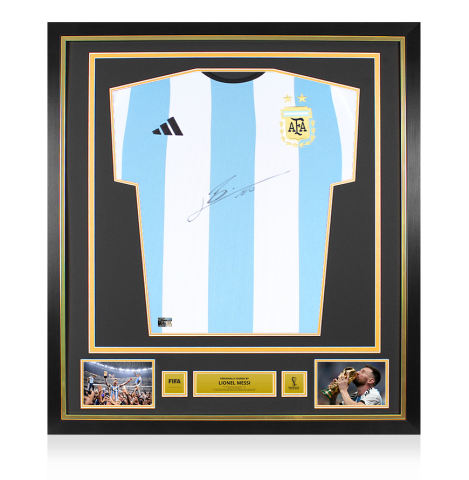 Lionel Messi Official FIFA World Cup™ 2022 Front Official Signed and Framed Argentina 2022 Home Shirt: Two Star Edition