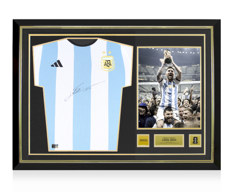 Lionel Messi Official FIFA World Cup™ 2022 Front Official Signed and Hero Framed Argentina 2022 Home Shirt: Two Star Edition