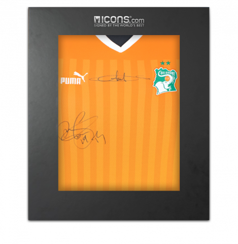 Yaya Toure & Didier Drogba Dual Signed Ivory Coast 2022-23 Home Shirt In Deluxe Packaging