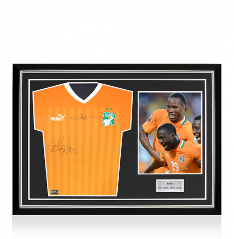 Yaya Toure & Didier Drogba Dual Signed Ivory Coast 2022-23 Home Shirt In Hero Frame: Option 1