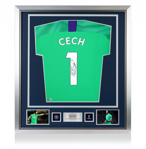 Petr Cech Official UEFA Champions League Back Signed and Framed Puma Cup Goalkeeper Shirt with Fan Style Number