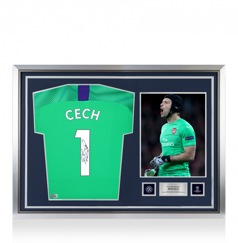 Petr Cech Official UEFA Champions League Back Signed and Hero Framed Puma Cup Goalkeeper Shirt with Fan Style Number