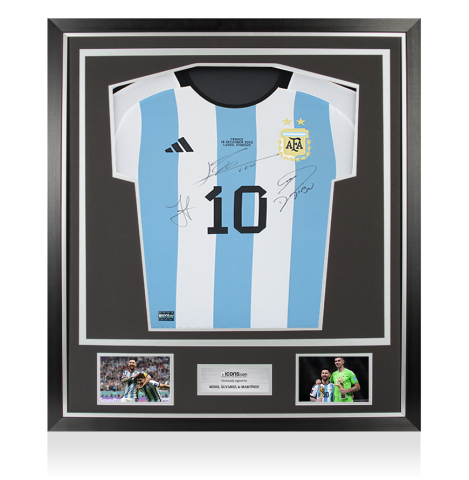 Julian Alvarez, Emiliano Martinez and Lionel Messi Front Signed Argentina 2022 Home Shirt In Classic Frame Julian Alvarez, Emiliano Martinez and Lionel Messi Front Signed Argentina 2022 Home Shirt In Classic Frame