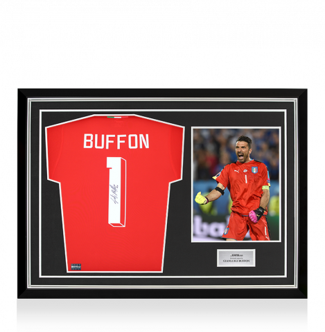 Gianluigi Buffon Back Signed Italy Modern Goalkeeper Shirt with Fan Style Number In Hero Frame: Option 1