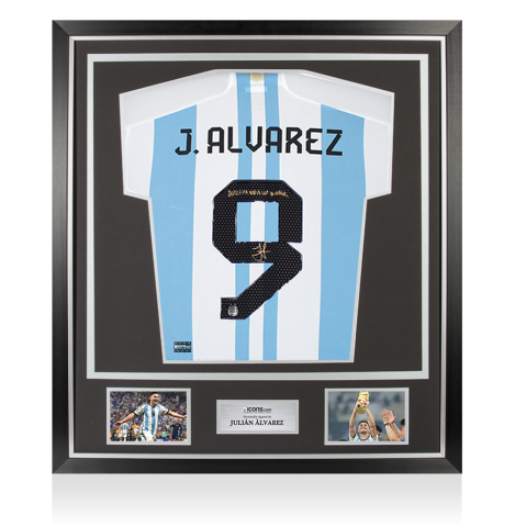 Julian Alvarez Back Signed Argentina 2022 Home Shirt - "2022 FIFA World Cup Winner" Inscription In Classic Frame Julian Alvarez Back Signed Argentina 2022 Home Shirt - "2022 FIFA World Cup Winner" Inscription In Classic Frame