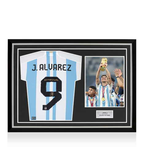 Julian Alvarez Back Signed Argentina 2022 Home Shirt - "2022 FIFA World Cup Winner" Inscription In Hero Frame: Option 1 Julian Alvarez Back Signed Argentina 2022 Home Shirt - "2022 FIFA World Cup Winner" Inscription In Hero Frame: Option 1